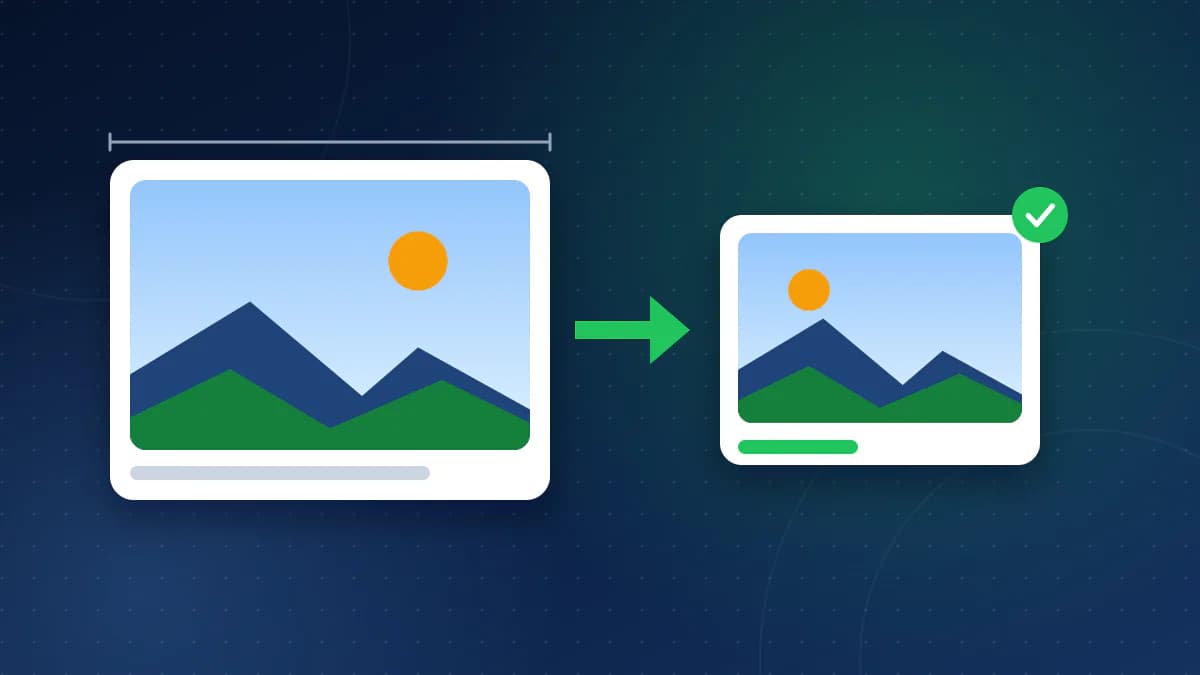 A large landscape photo on the left and a smaller version of the same photo on the right marked with a green check, joined by a green arrow, with a long grey bar and a short green bar for file size