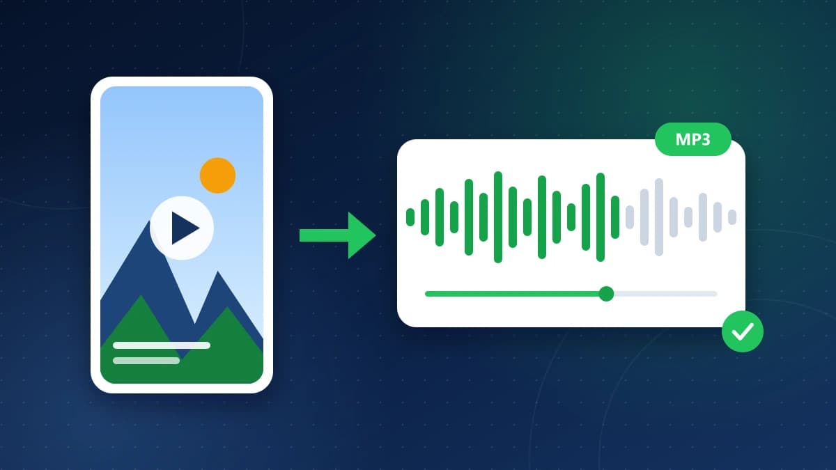A vertical Reel with a play button, an arrow, and an audio card showing a green waveform and an MP3 label