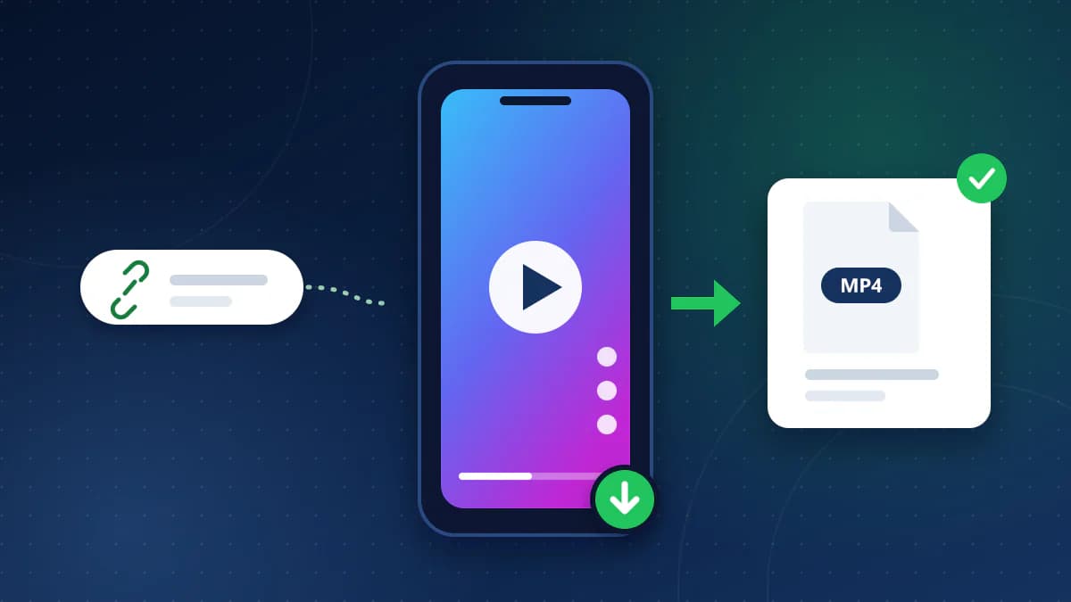 A link chip on the left feeding a phone playing a short vertical video with a green download button, and an MP4 file saved on the right