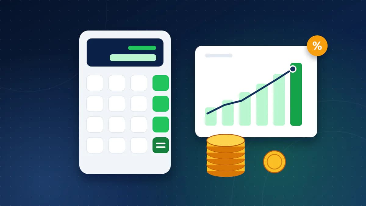 A calculator beside a card with rising bars and a growth line marked with a percent badge, with stacks of gold coins below