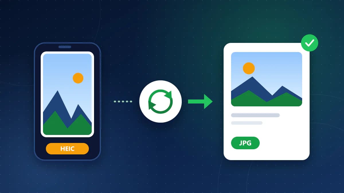 A phone showing a photo labelled HEIC, a circular green conversion symbol, and the same photo as a JPG file marked with a green check