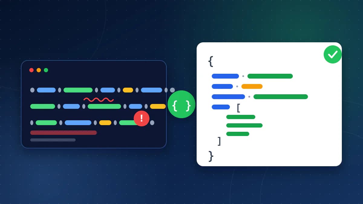 A minified JSON snippet with a red syntax-error marker on the left, an arrow, and a neatly indented, valid JSON document with a green check on the right
