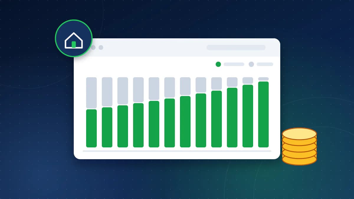 A bar chart of monthly loan payments in which the green principal share grows and the grey interest share shrinks, with a house badge and a stack of coins