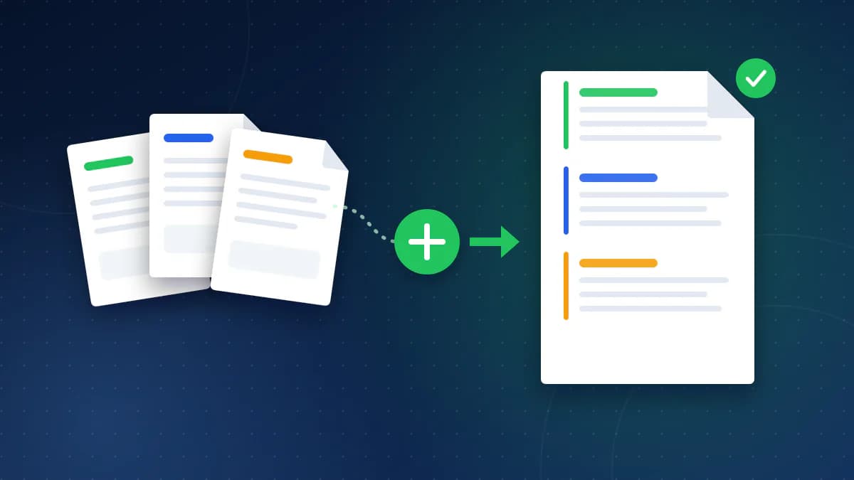 Three separate PDF pages in green, blue and amber joined by a plus symbol into one combined document that keeps the three coloured sections in order