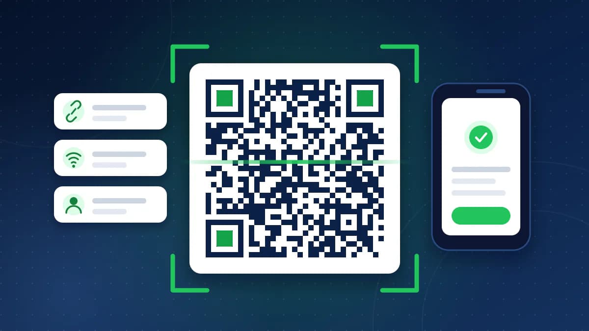 A QR code framed by green scanner corner marks, with link, Wi-Fi and contact icons on one side and a phone showing a green check on the other