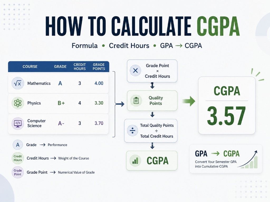 CGPA calculation formula using grade points, credit hours, and total quality points