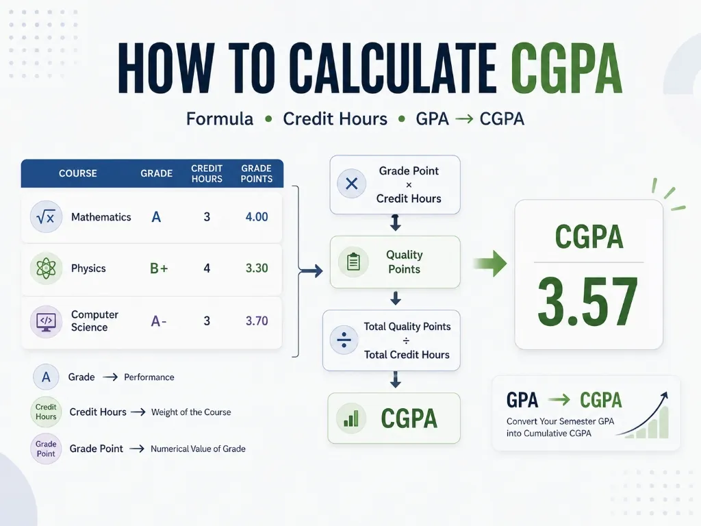 CGPA calculation formula using grade points, credit hours, and total quality points