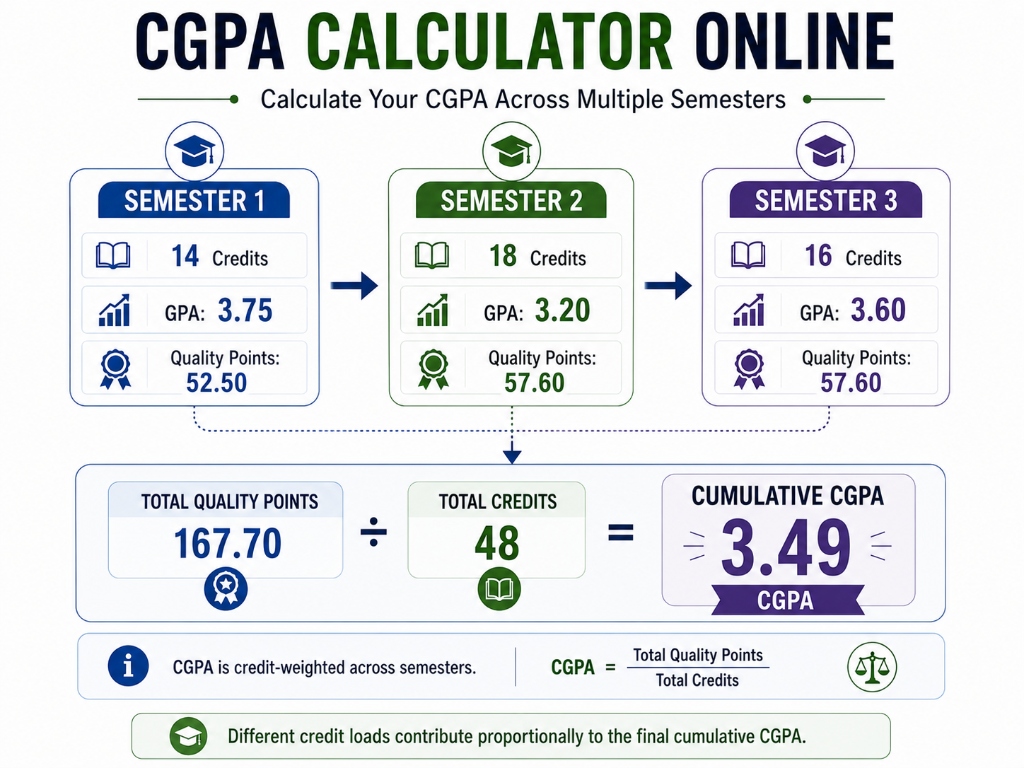 CGPA calculation across multiple semesters using GPA, credit hours, quality points, and total credits