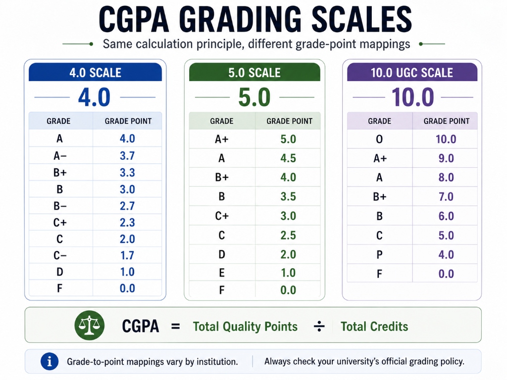 CGPA grading scales showing 4.0, 5.0, and 10.0 UGC grade-point mappings