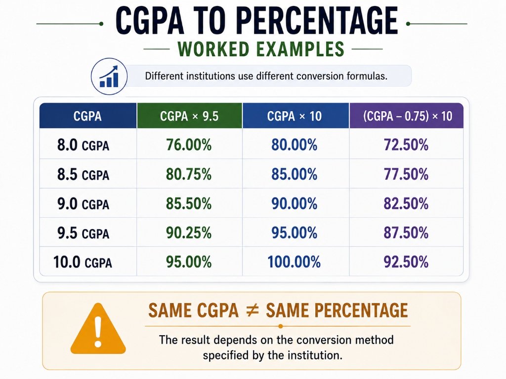 CGPA to percentage worked examples comparing 8.0 to 10.0 CGPA under three different conversion formulas
