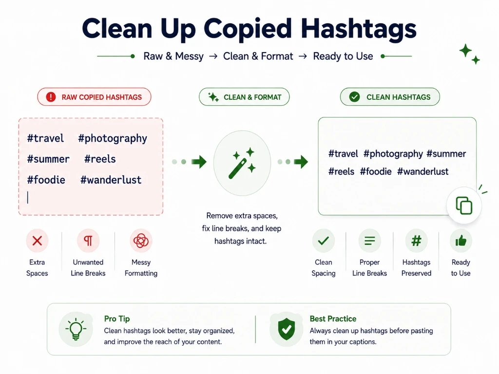 Clean and format copied Instagram hashtags