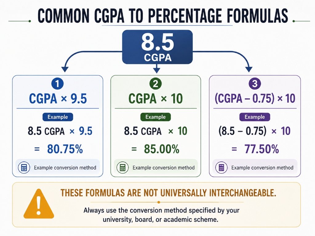Common CGPA to percentage formulas including CGPA times 9.5, CGPA times 10, and CGPA minus 0.75 times 10