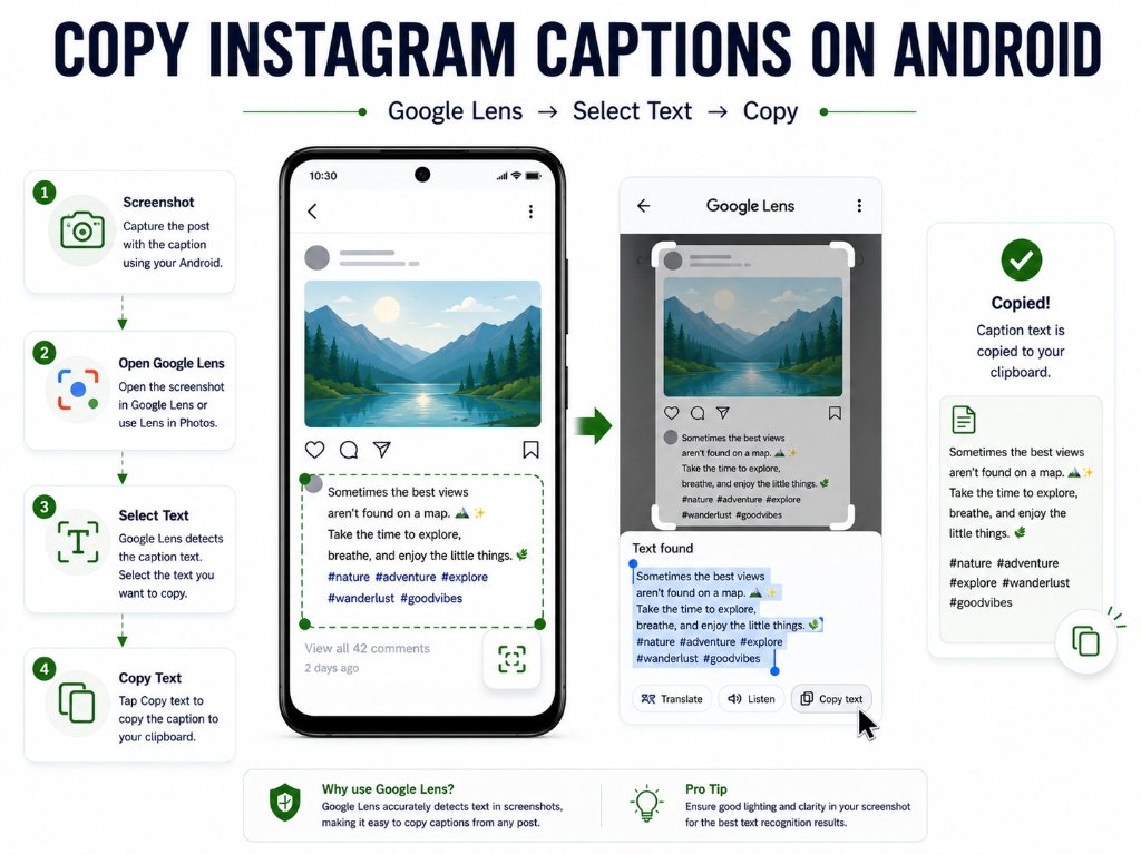 Step-by-step process showing how to copy Instagram captions on Android devices using Google Lens text selection