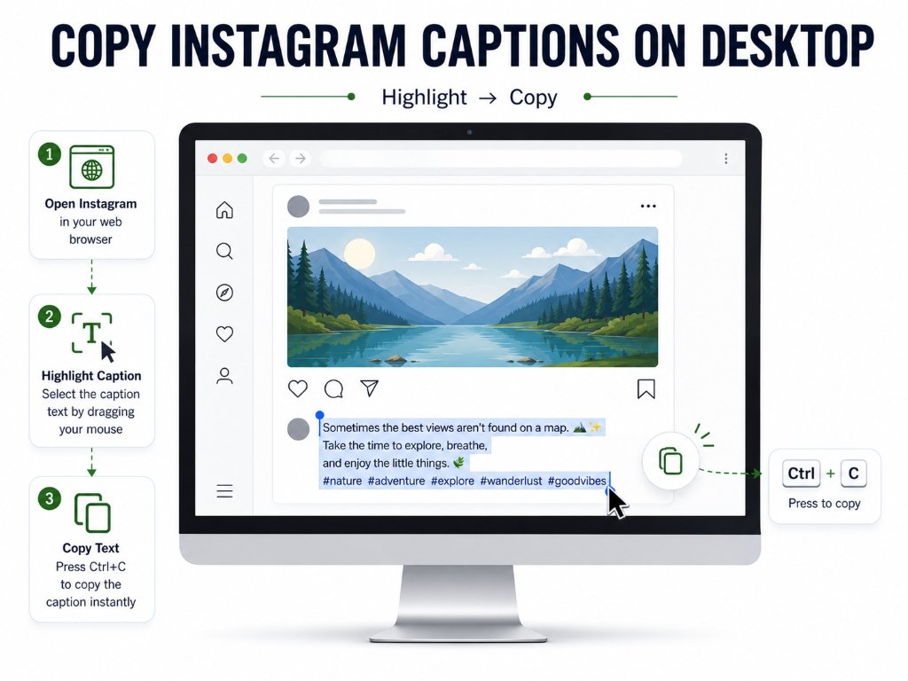 Step-by-step diagram showing how to copy Instagram captions on desktop by highlighting text and pressing Ctrl plus C