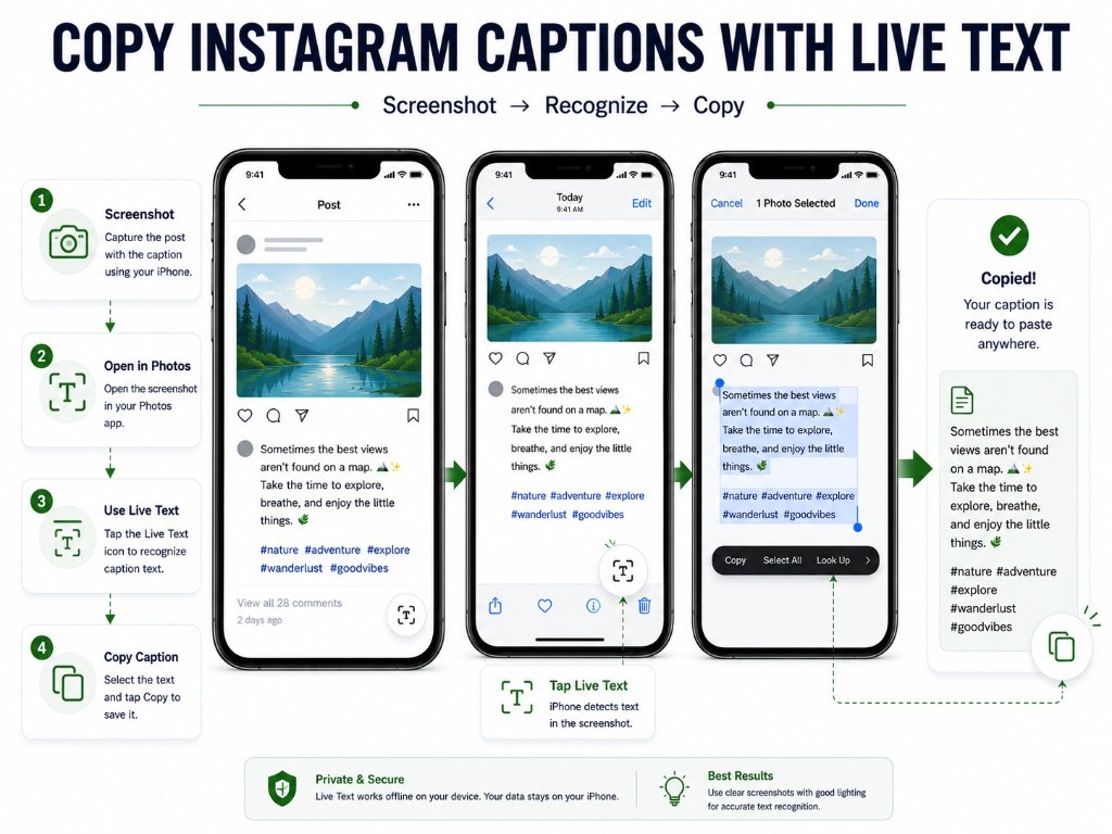 Visual guide explaining how to copy Instagram captions on iPhone using screenshots and Apple Live Text recognition in Photos