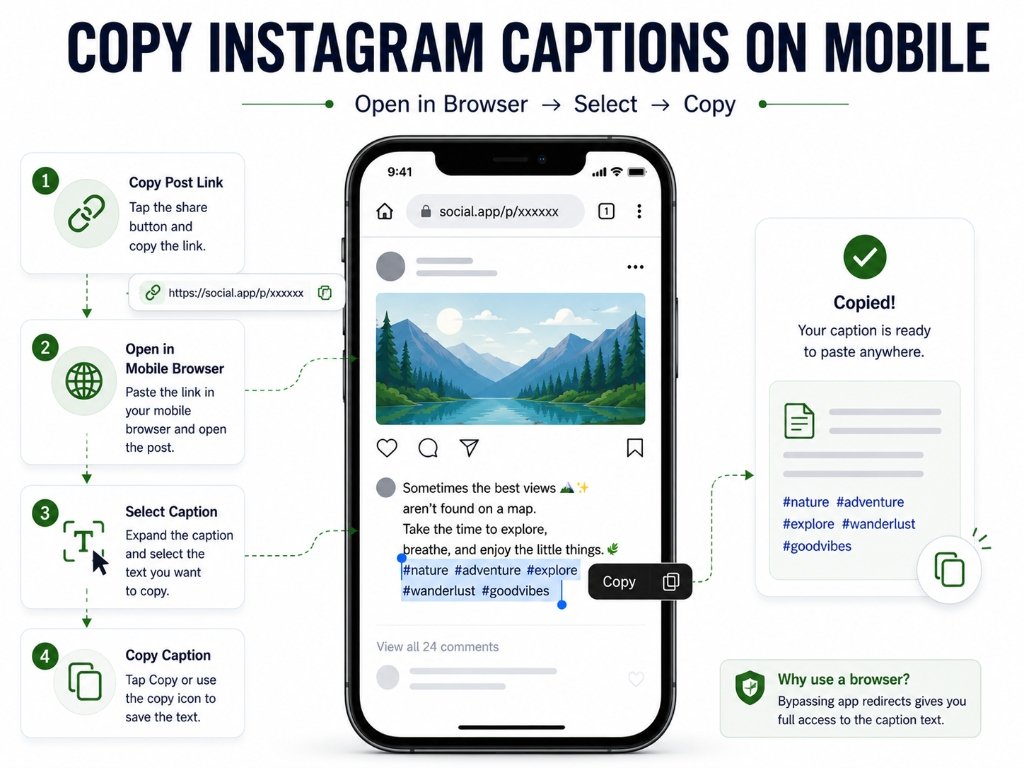Workflow diagram showing how to copy Instagram captions on mobile by opening the post link in a mobile browser and selecting text