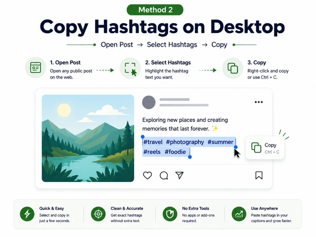 Copy Instagram hashtags on desktop by selecting the hashtag text