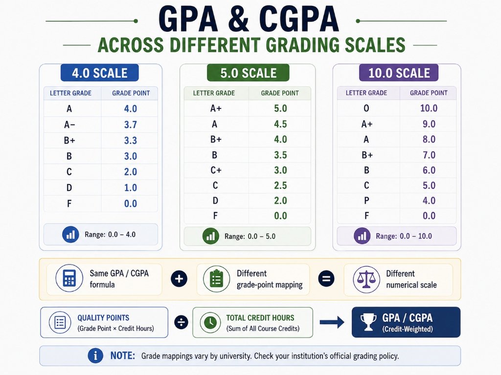 GPA and CGPA across 4.0, 5.0, and 10.0 grading scales with different grade-point mappings