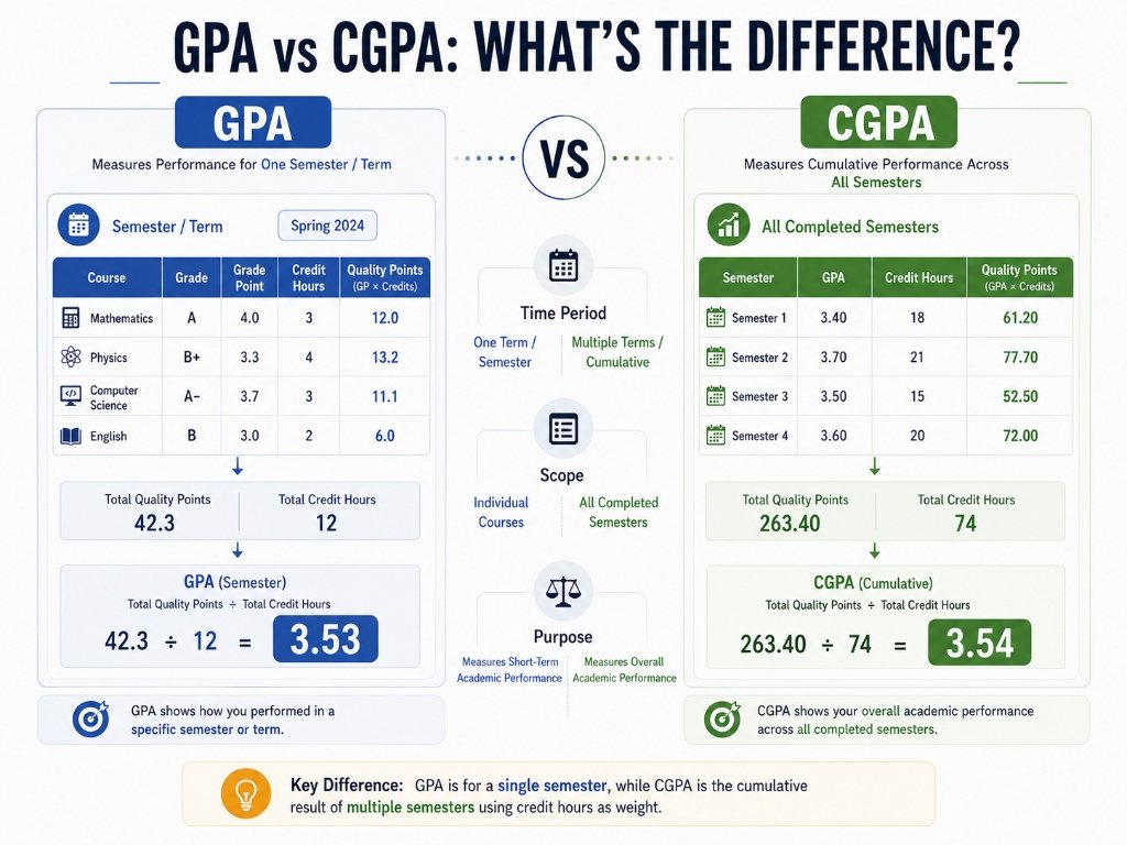 GPA vs CGPA comparison showing semester GPA and cumulative CGPA calculations