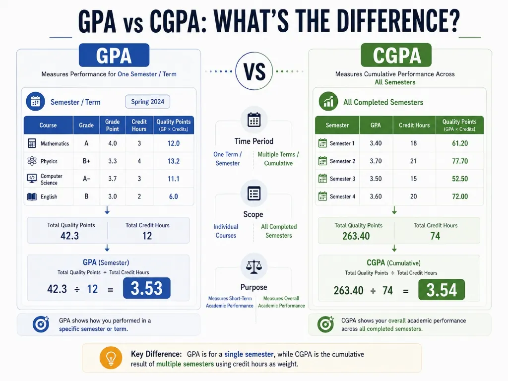 GPA vs CGPA comparison showing semester GPA and cumulative CGPA calculations