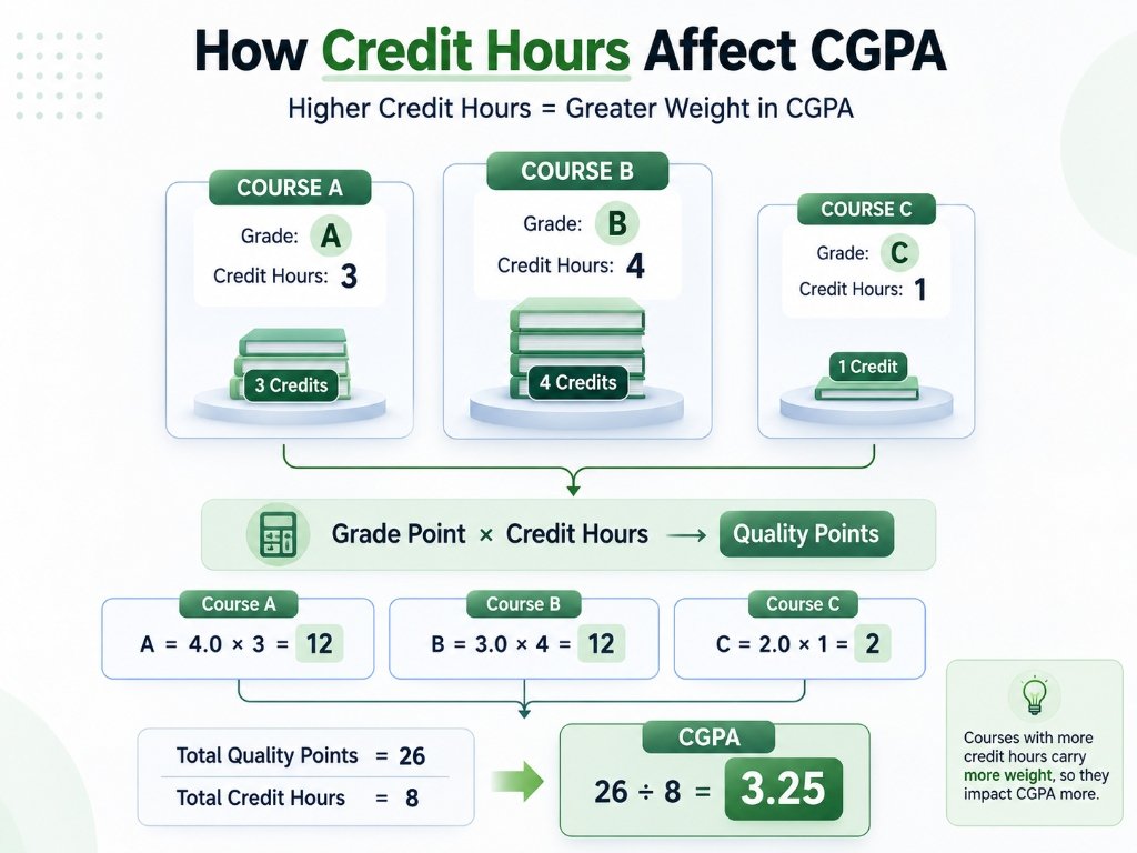 How credit hours affect CGPA by weighting courses according to their credit value