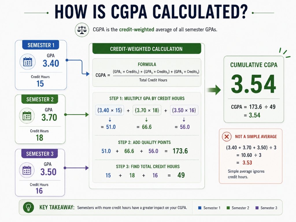 How CGPA is calculated from semester GPAs using credit-weighted quality points and total credit hours