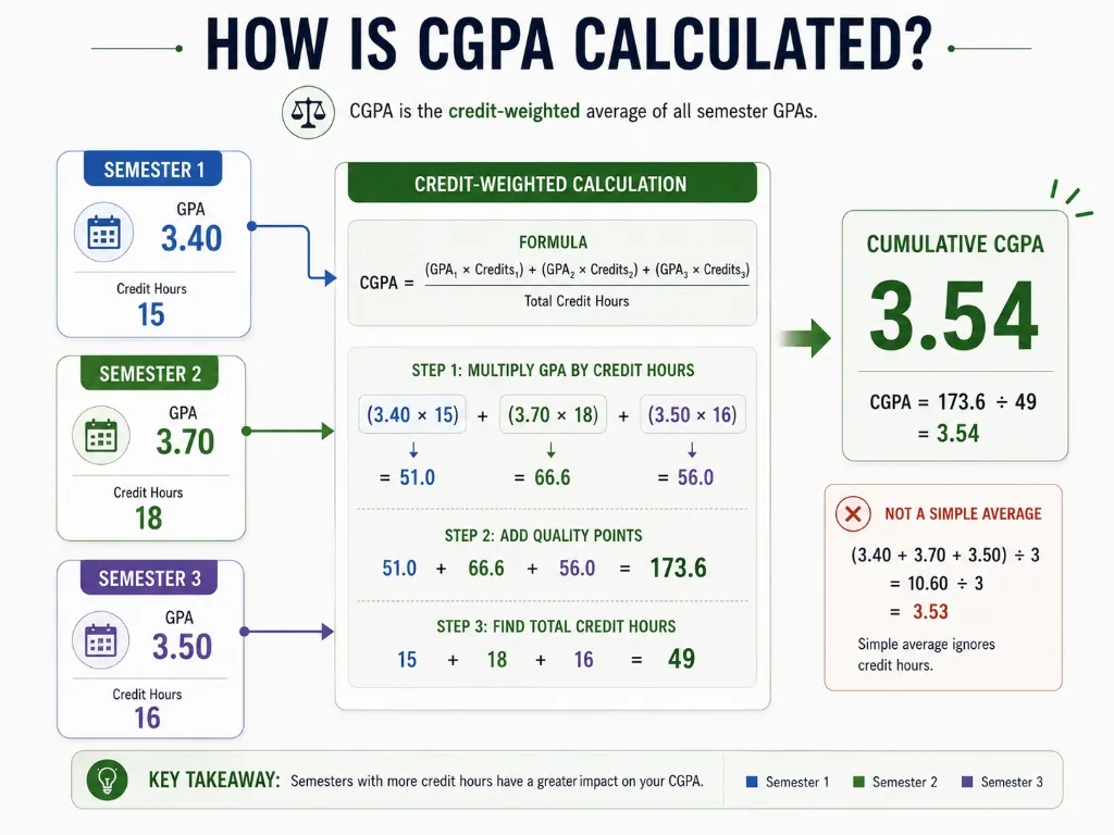 How CGPA is calculated from semester GPAs using credit-weighted quality points and total credit hours