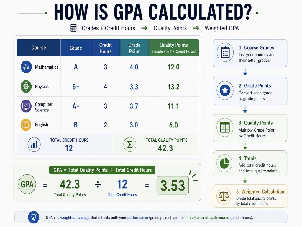 How GPA is calculated using grade points, credit hours, quality points, and a weighted GPA formula