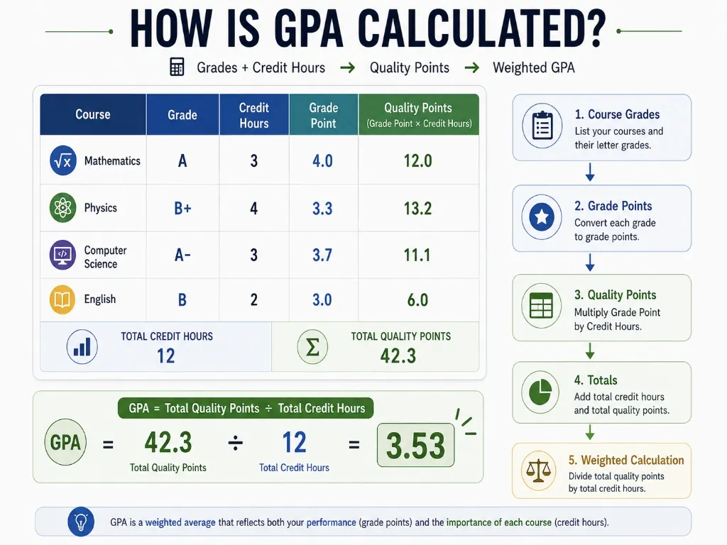 How GPA is calculated using grade points, credit hours, quality points, and a weighted GPA formula
