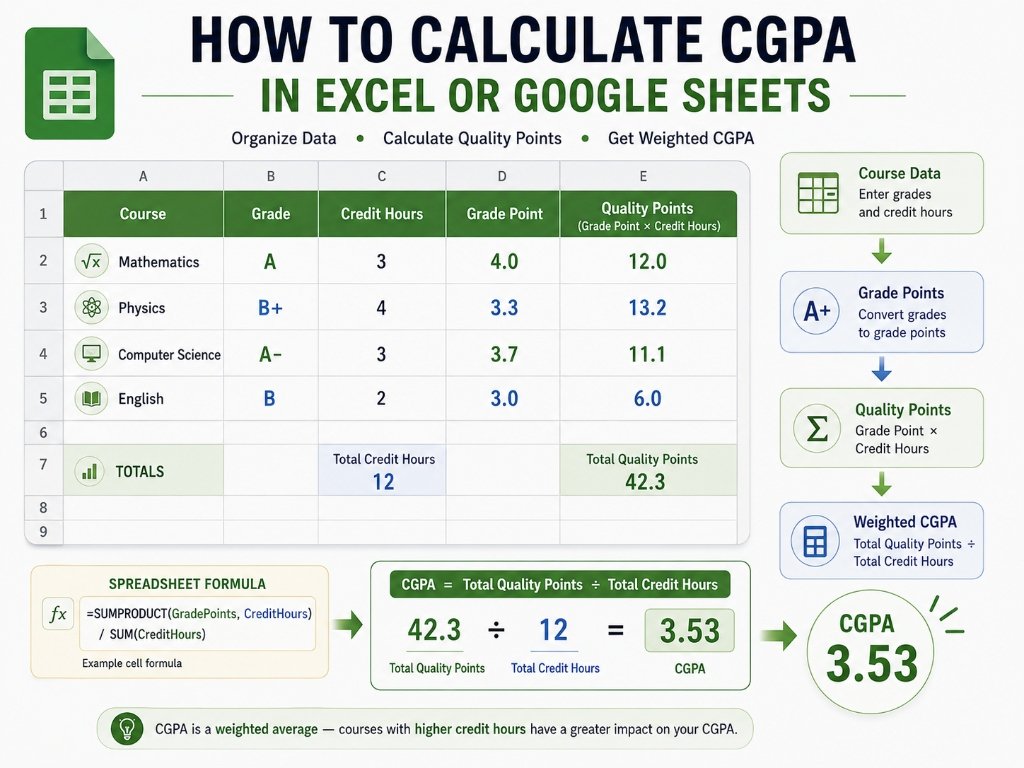 How to calculate CGPA in Excel or Google Sheets using grade points, credit hours, and quality points