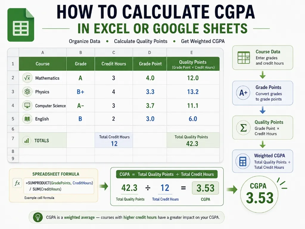 How to calculate CGPA in Excel or Google Sheets using grade points, credit hours, and quality points