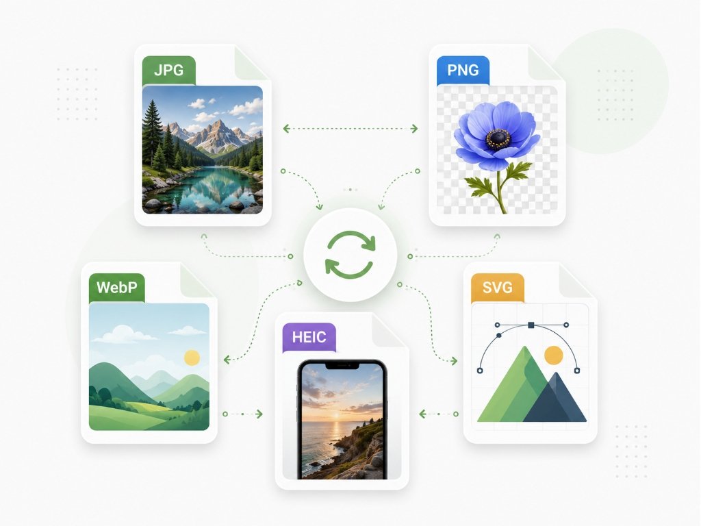 Supported image formats diagram comparing JPG, PNG, WebP, HEIC, and SVG files