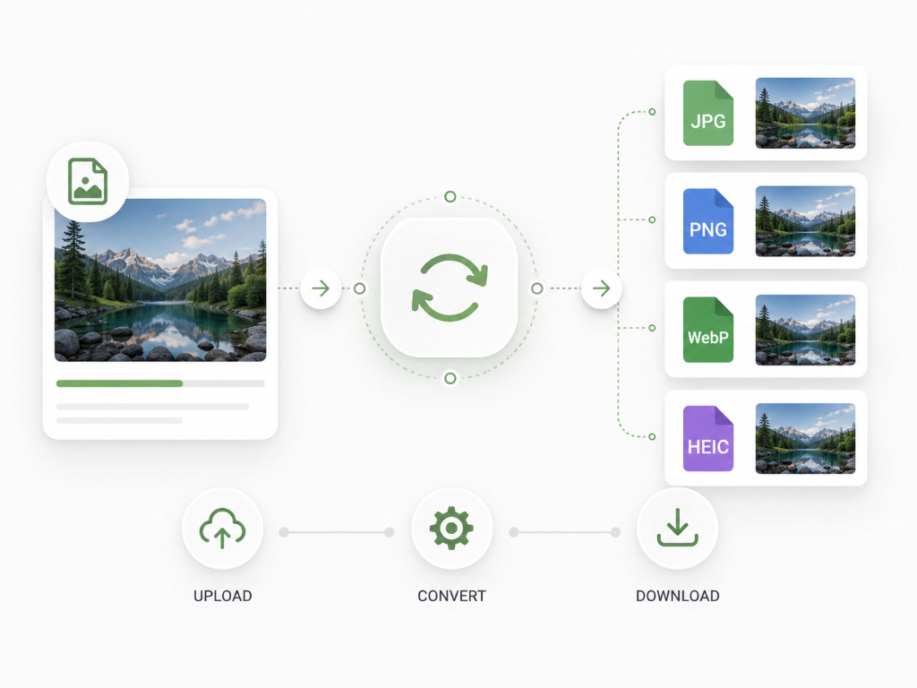 Online image converter workflow showing upload, conversion, and download steps