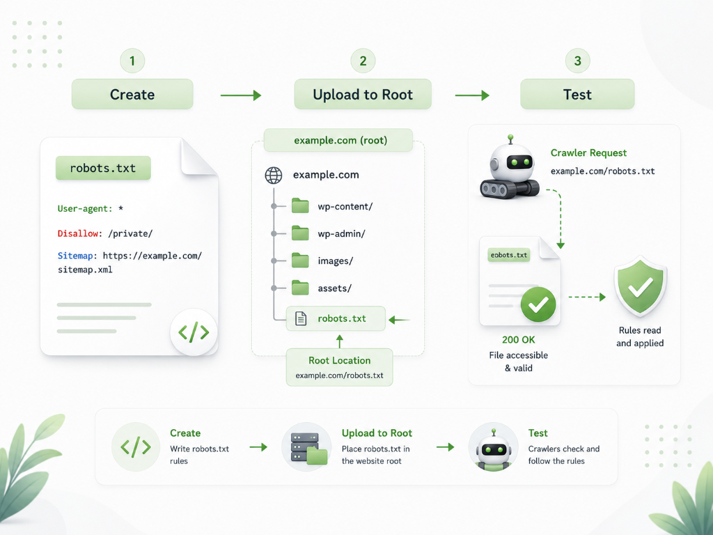 Workflow diagram showing how to create a robots.txt file, upload it to the website root directory, and test crawler access