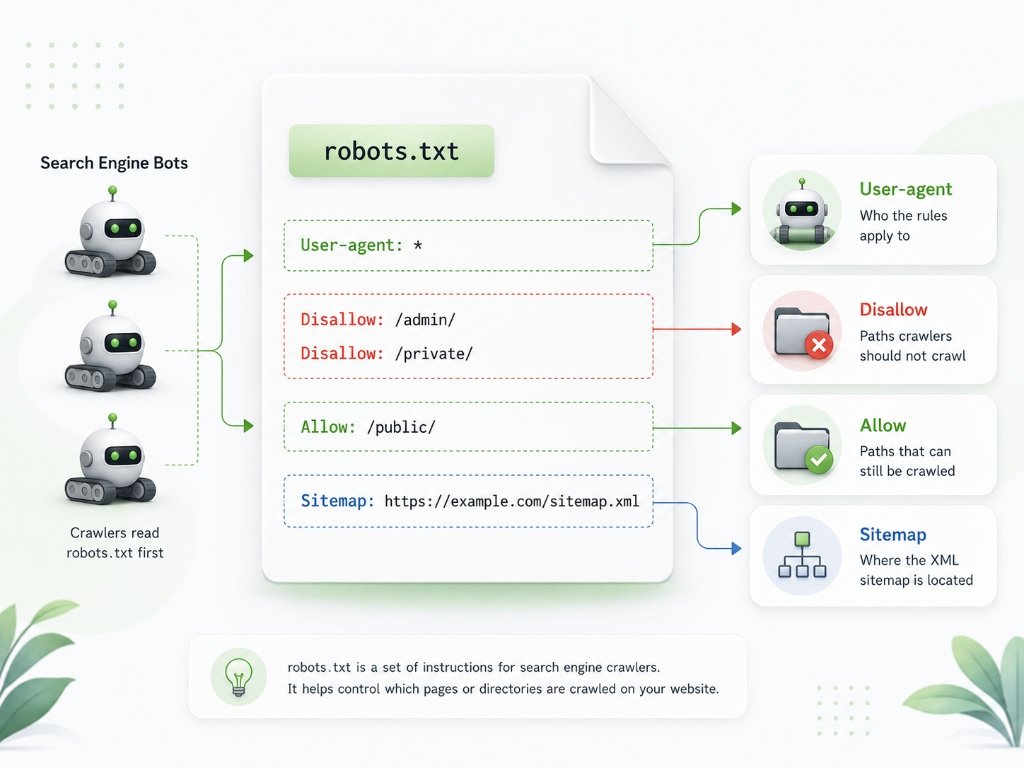 Illustration of core robots.txt directives showing User-agent, Disallow, Allow, and Sitemap rules with search bot crawlers