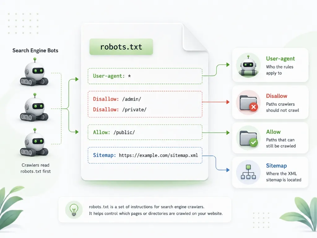 Illustration of core robots.txt directives showing User-agent, Disallow, Allow, and Sitemap rules with search bot crawlers