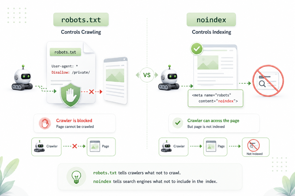 Comparison diagram illustrating robots.txt controlling crawler access versus noindex meta tags preventing search indexing