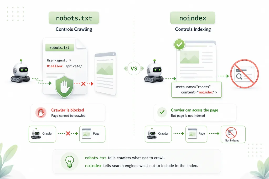 Comparison diagram illustrating robots.txt controlling crawler access versus noindex meta tags preventing search indexing